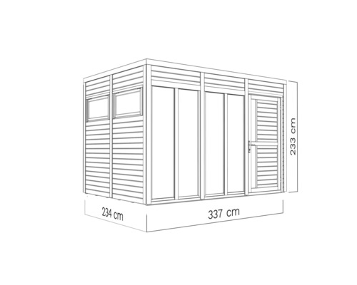 Ilustrácia záhradného domčeka s dverami, oknami a rozmermi 233 cm výška, 234 cm hĺbka a 337 cm šírka.