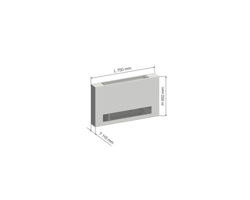Náčrt radiátora s rozmermi 750 mm dĺžka, 450 mm výška a 115 mm hĺbka