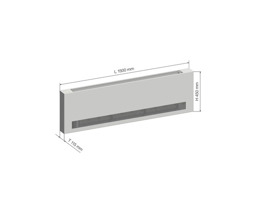 Podlahový konvektor s rozmermi dĺžka 1500 mm, výška 450 mm a hĺbka 115 mm.