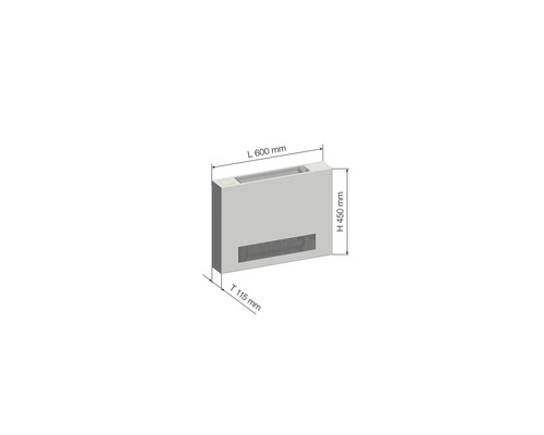 Schéma radiátorového konvektora s rozmermi 600 mm dĺžka, 450 mm výška a 115 mm hĺbka