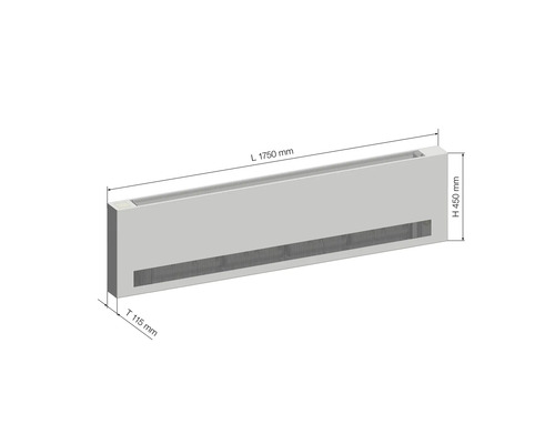 Obrázok radiátora s rozmermi dĺžka 1750 mm, výška 450 mm a hĺbka 115 mm.