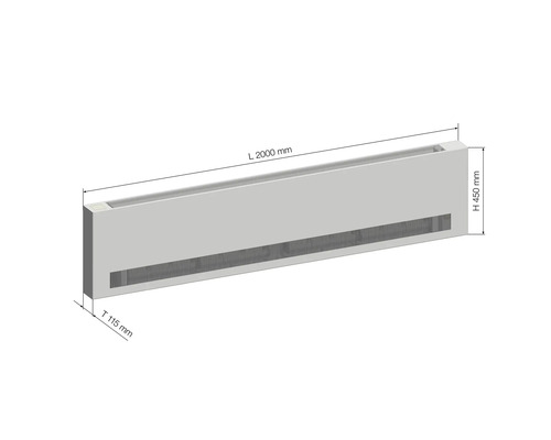 Konvektor radiátora s rozmermi 2000 mm dĺžka, 450 mm výška a 115 mm hĺbka.