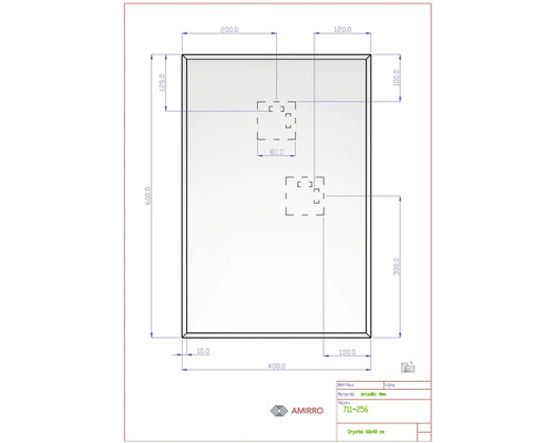 Technický nákres zrkadla s rozmermi