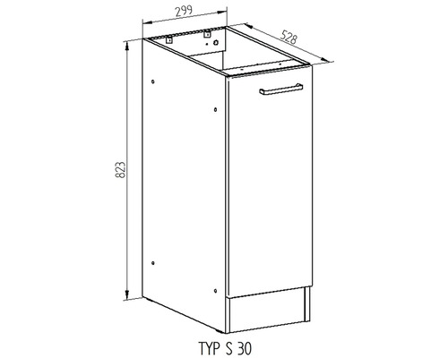 Technický nákres kuchynskej spodnej skrinky so zásuvkou a rozmermi 299 x 528 x 823 mm.