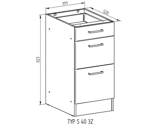 Technický nákres spodnej skrinky s tromi zásuvkami a rozmermi