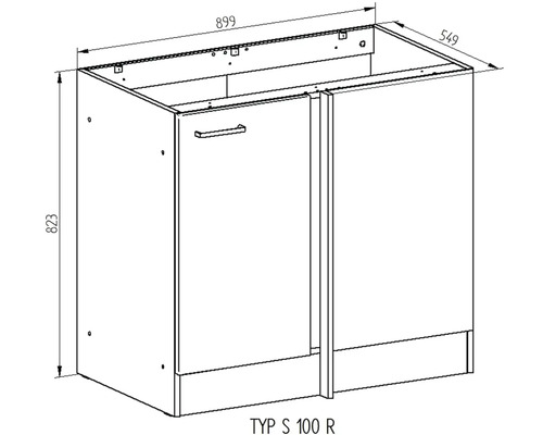 Technický nákres rohovej spodnej skrinky s rozmermi