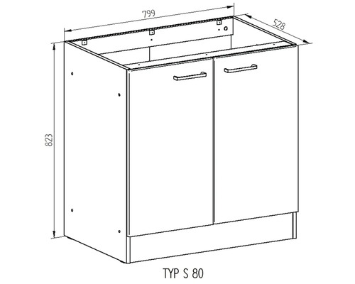 Technický nákres spodnej skrinky s dvomi dvierkami, rozmery 799 x 528 x 823 milimetrov