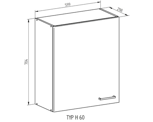 Technický nákres závesnej skrinky s rozmermi