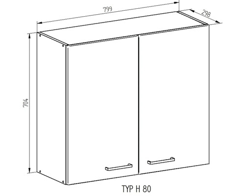 Technický nákres závesnej skrinky s dvomi dvierkami a úchytkami, rozmery: 799 mm šírka, 704 mm výška, 298 mm hĺbka.