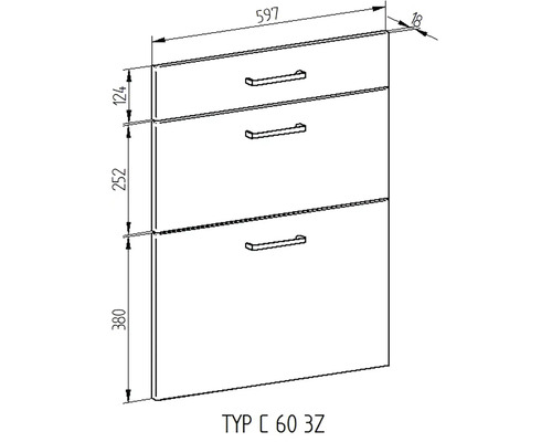 Nákres spodnej skrinky s tromi zásuvkami a rozmermi