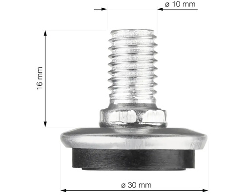 Nábytková noha so závitom, rozmery 16 mm výška, 10 mm priemer závitu, 30 mm priemer nohy