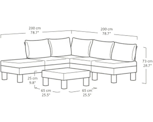 Nákres modulárnej rohovej pohovky s otomanom a stoličkou s rozmermi