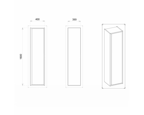 Technický nákres kúpeľňovej skrinky s rozmermi 400 x 350 x 1600 mm.