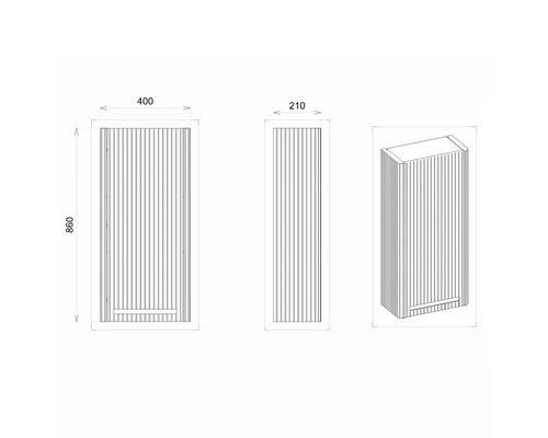 Technický nákres kúpeľňovej skrinky s rozmermi 400 x 210 x 860 mm.