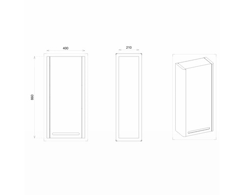Technický nákres kúpeľňovej skrinky s rozmermi 860x400x210 milimetrov.