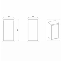 Technický nákres kúpeľňovej vysokej skrine s rozmermi 400 x 350 x 760 mm.