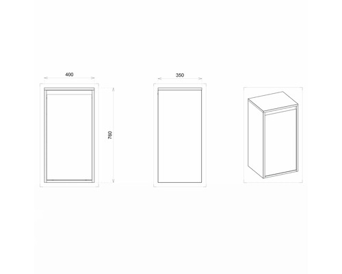 Technický nákres kúpeľňovej vysokej skrine s rozmermi 400 x 350 x 760 mm