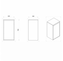 Technický nákres kúpeľňovej skrinky s rozmermi 400 x 350 x 760 milimetrov.