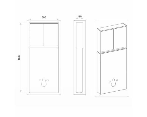 Technický nákres skrinky pod umývadlo s rozmermi 800 x 190 x 1880 milimetrov.