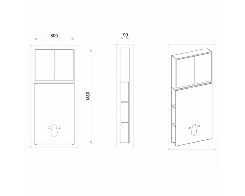 Technický nákres skrinky pod umývadlo s rozmermi 800 x 1880 x 190 milimetrov.