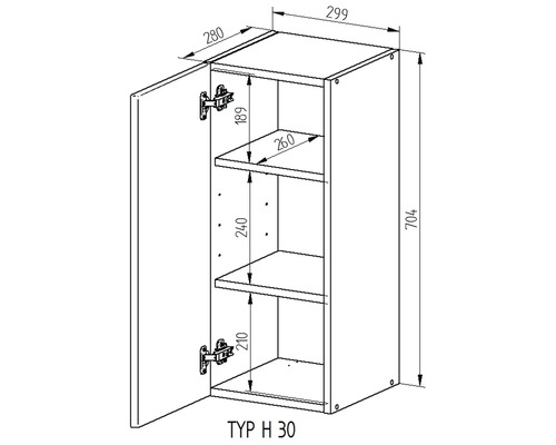 Technický nákres závesnej skrinky s rozmermi