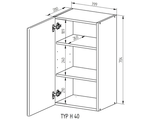 Technický nákres závesnej skrinky s rozmermi