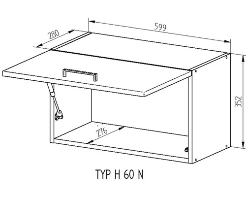 Technický nákres závesnej skrinky s rozmermi