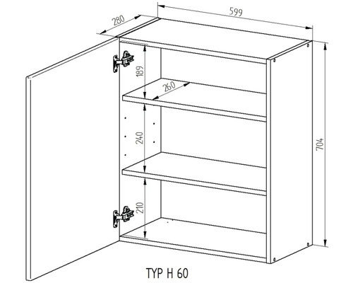 Technický nákres závesnej skrinky s tromi policami a dvierkami