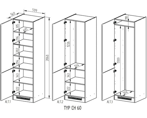 Technický nákres troch variant skrine s rozmermi