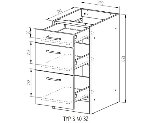 Nákres kuchynskej spodnej skrinky s tromi zásuvkami a rozmermi