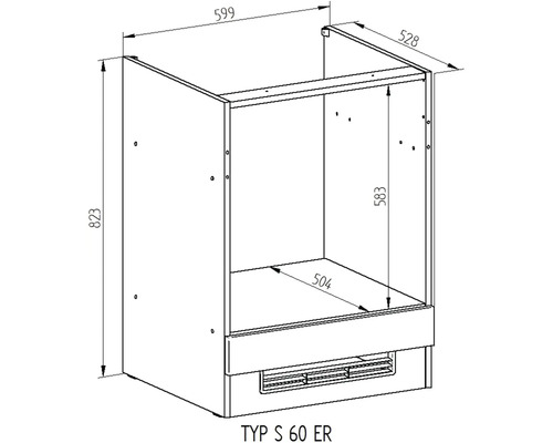 Technický nákres spodnej kuchynskej skrinky s rozmermi
