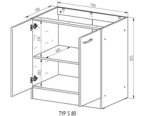 Technický nákres spodnej skrinky s rozmermi.