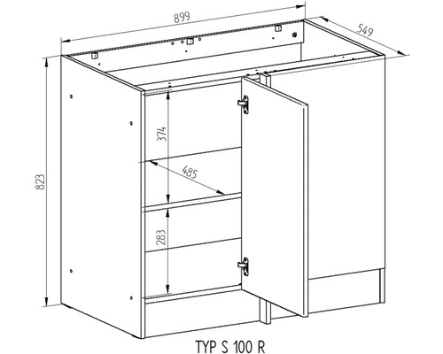 Technický nákres spodnej skrinky s rozmermi