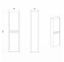 Technický nákres vysokej skrine s rozmermi 1650 x 450 x 260 milimetrov.