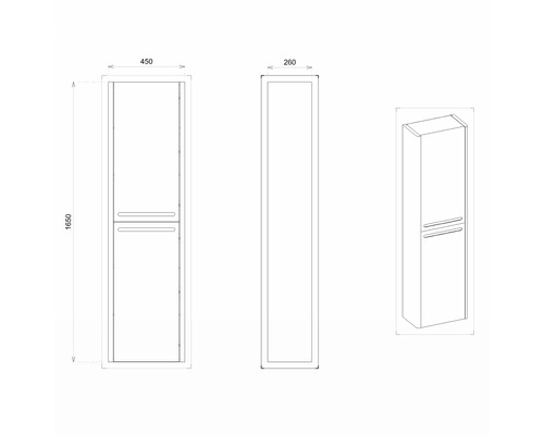 Technický nákres kúpeľňovej vysokej skrine s rozmermi 1650 x 450 x 260 milimetrov.