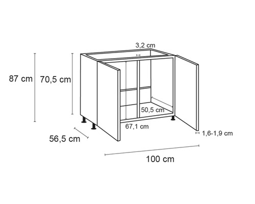 Technický výkres spodnej skrinky s rozmermi
