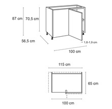Technický nákres rohovej spodnej skrinky s rozmermi: výška 87 centimetrov, hĺbka 56,5 centimetrov, šírka 115 centimetrov.