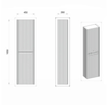 Nákres kúpeľňovej skrinky s rozmermi 1650 mm výška, 450 mm šírka a 260 mm hĺbka.