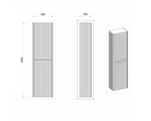 Nákres kúpeľňovej skrinky s rozmermi 1650 mm výška, 450 mm šírka a 260 mm hĺbka.