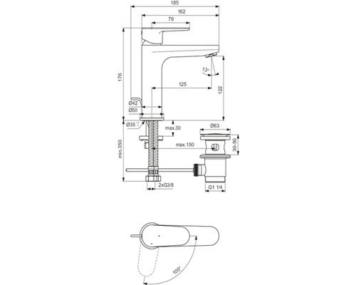 Technický nákres vodovodnej batérie s rozmermi