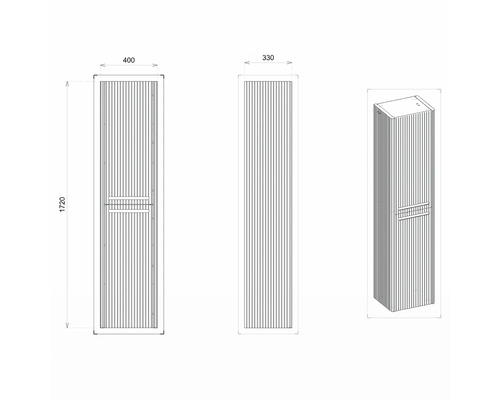 Technický nákres vysokej kúpeľňovej skrinky s rozmermi 1720 x 400 x 330 mm.