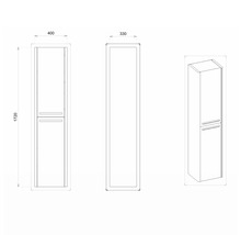 Technický nákres vysokej kúpeľňovej skrinky s rozmermi 400 x 330 x 1720 mm.