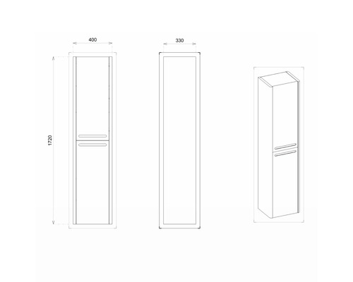 Technický nákres vysokej kúpeľňovej skrinky s rozmermi 400 x 330 x 1720 mm.