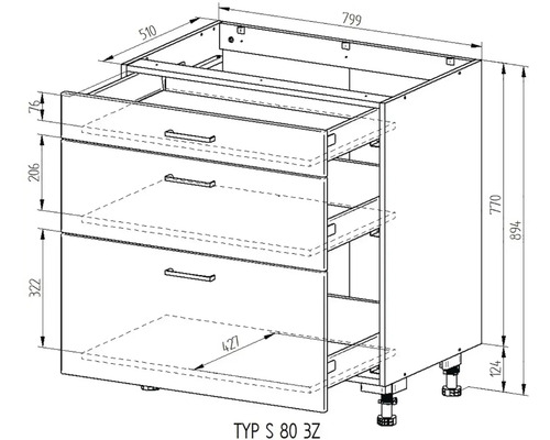 Technický nákres spodnej kuchynskej skrinky s tromi zásuvkami a rozmermi 799 x 510 x 894 mm