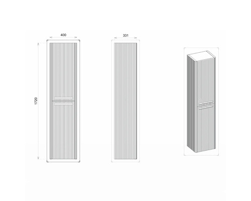 Technický výkres vysokej kúpeľňovej skrinky s rozmermi 400 x 331 x 1720 mm