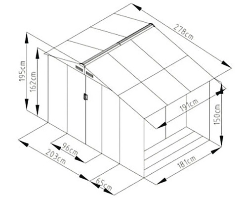 Technický nákres záhradného domčeka s rozmermi.