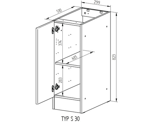 Technický výkres kuchynskej skrinky s dvierkami a policami s rozmermi