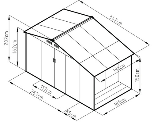 Technický nákres záhradného domčeka s rozmermi.