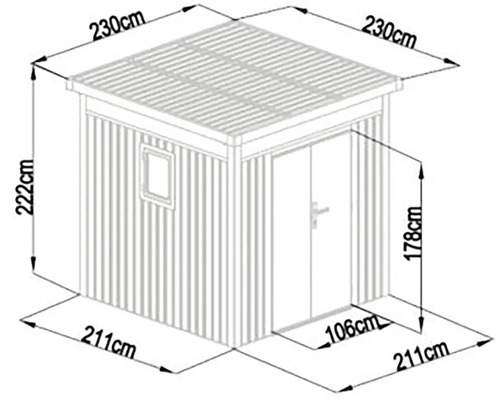 Technický nákres záhradného domčeka s rozmermi