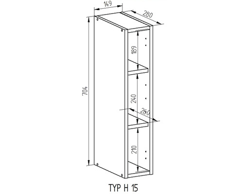 Technický výkres závesnej skrinky s rozmermi.